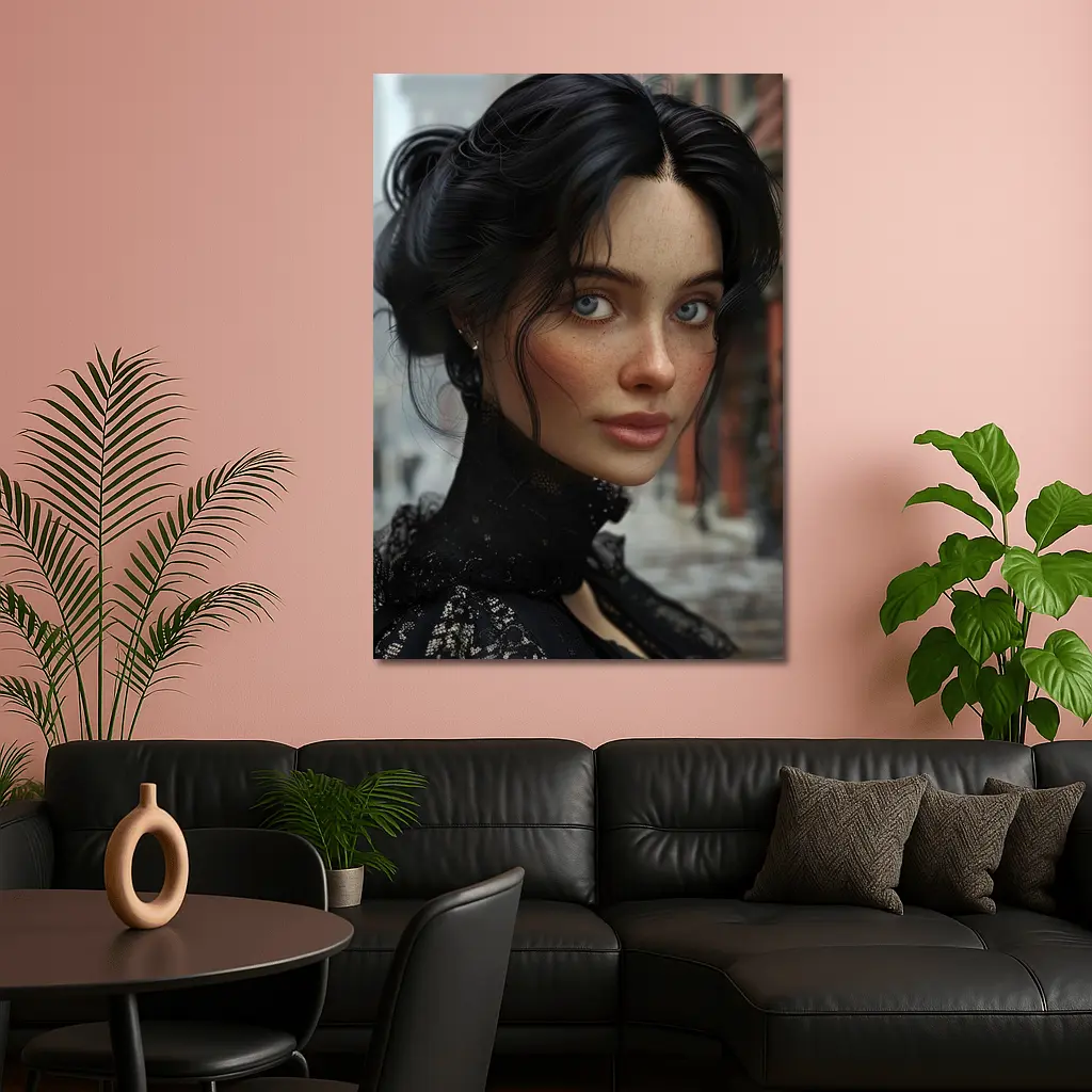 Dark Haired Woman Blue Eyes Urban Street – Wall Art