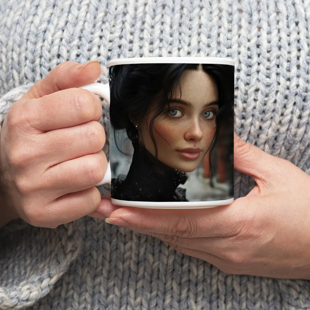 Dark Haired Woman Blue Eyes Urban Street – Mugs