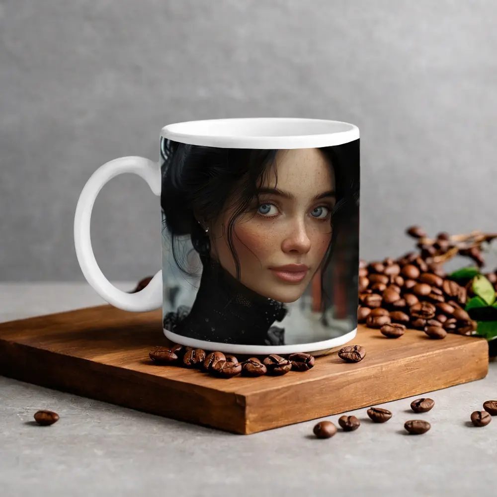 Dark Haired Woman Blue Eyes Urban Street – Mugs