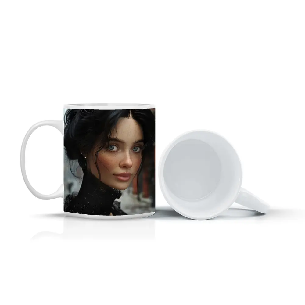 Dark Haired Woman Blue Eyes Urban Street – Mugs