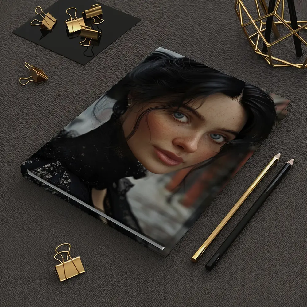 Dark Haired Woman Blue Eyes Urban Street – Notebooks