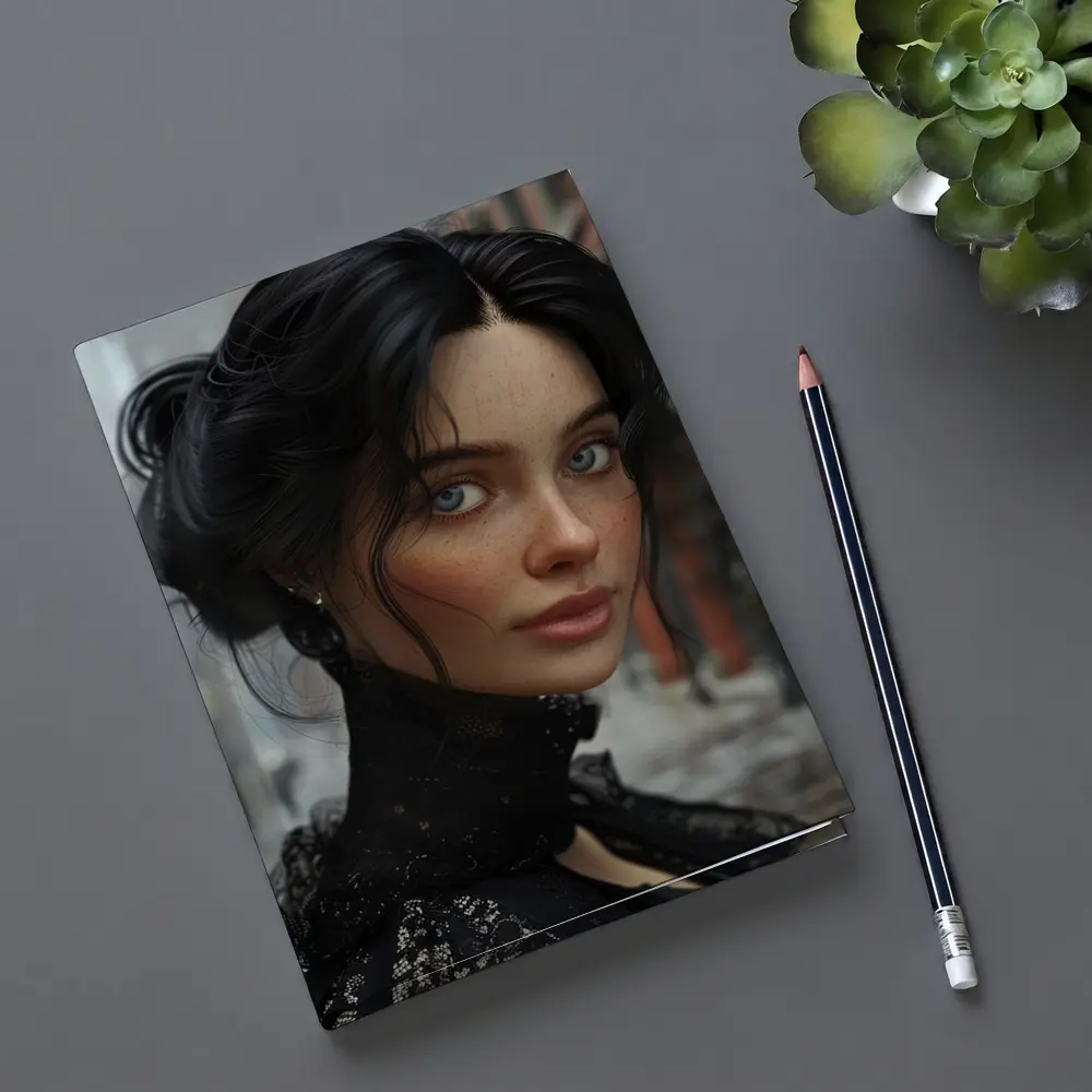 Dark Haired Woman Blue Eyes Urban Street – Notebooks