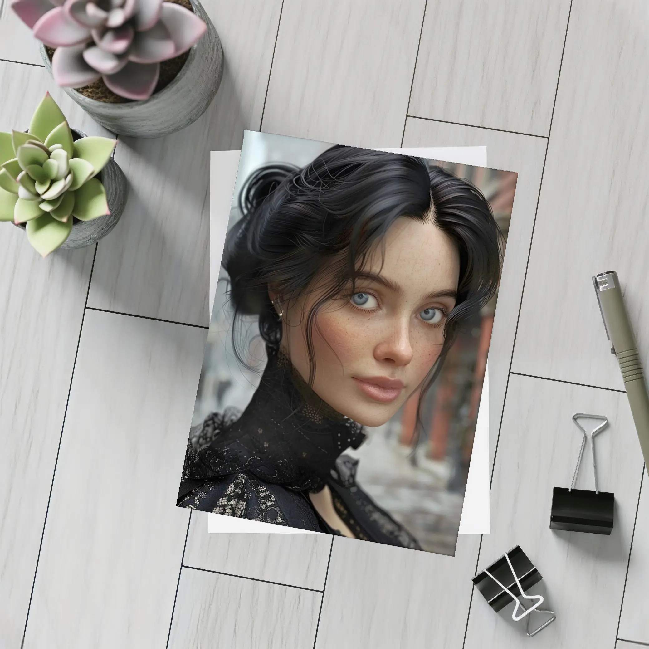 Dark Haired Woman Blue Eyes Urban Street – Postcards