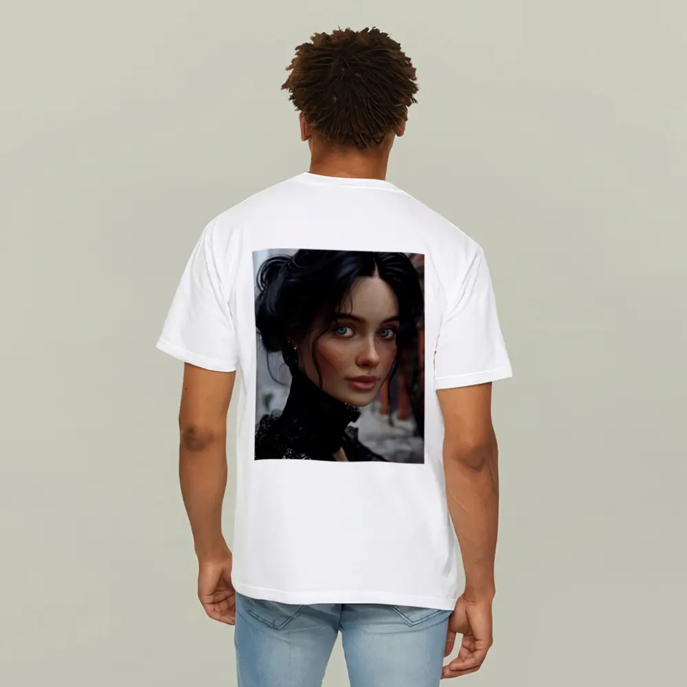 Dark Haired Woman Blue Eyes Urban Street – T-Shirts