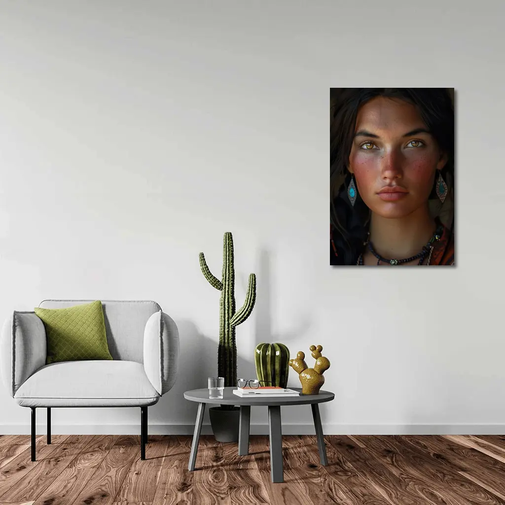 Young Indigenous Woman Portrait Golden Eyes – Wall Art