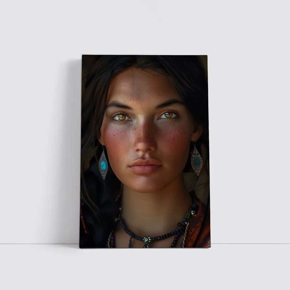Young Indigenous Woman Portrait Golden Eyes – Wall Art