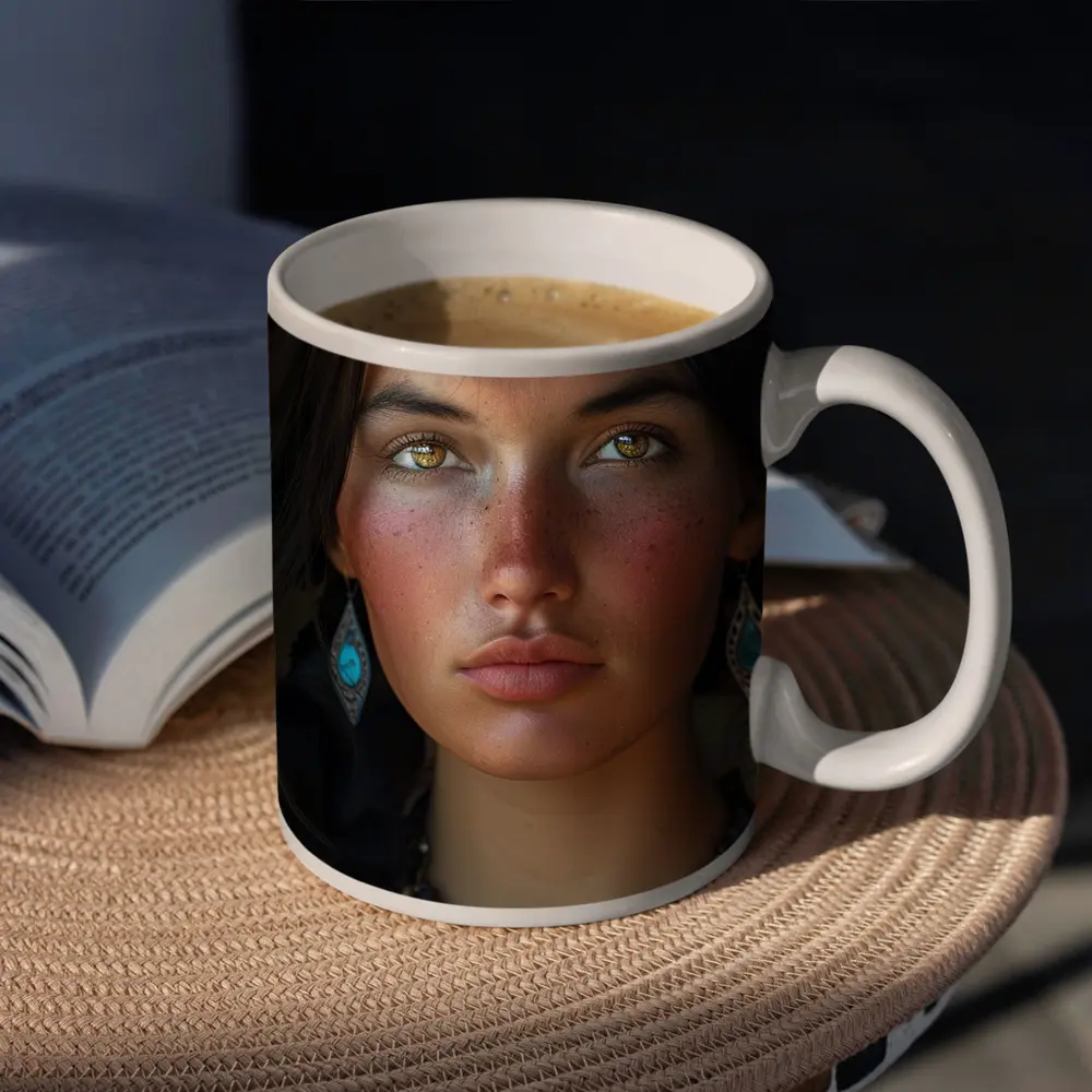 Young Indigenous Woman Portrait Golden Eyes – Mugs