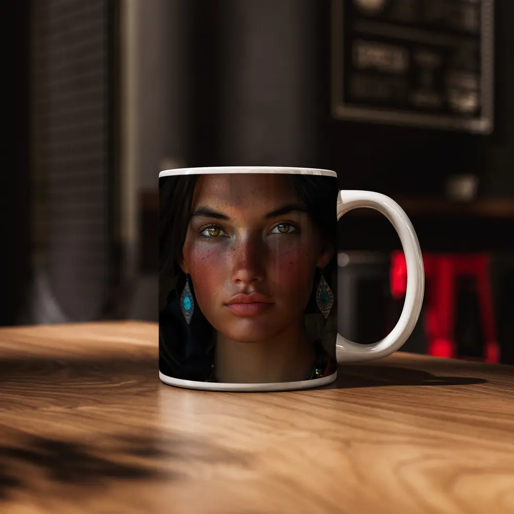 Young Indigenous Woman Portrait Golden Eyes – Mugs