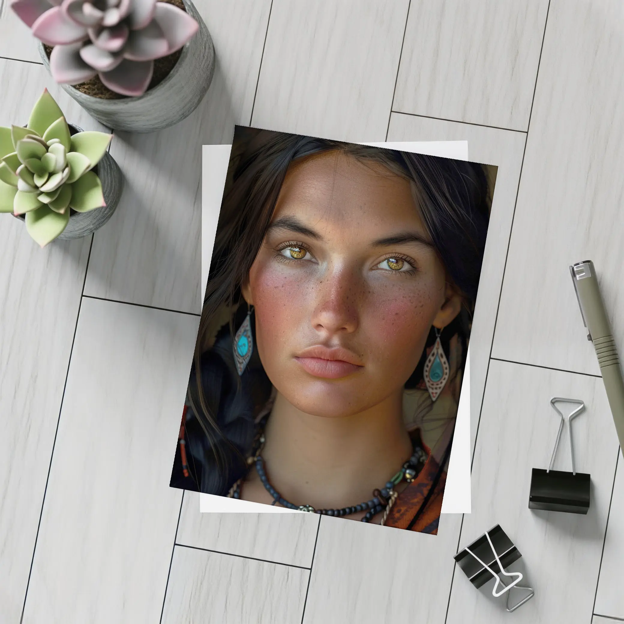 Young Indigenous Woman Portrait Golden Eyes – Postcards