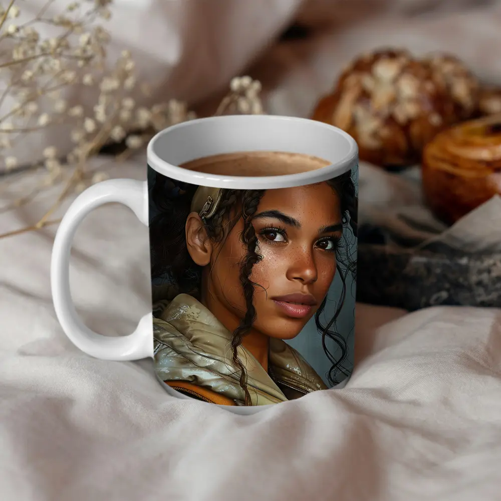 Young Woman Portrait Digital Art Gray Background – Mugs