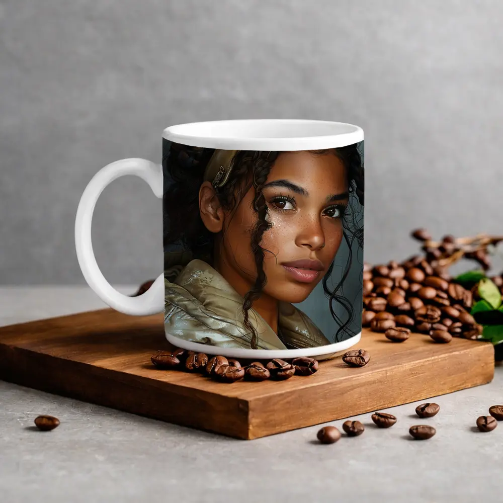 Young Woman Portrait Digital Art Gray Background – Mugs