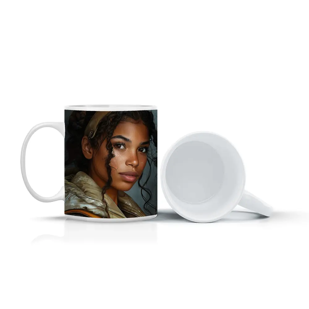 Young Woman Portrait Digital Art Gray Background – Mugs