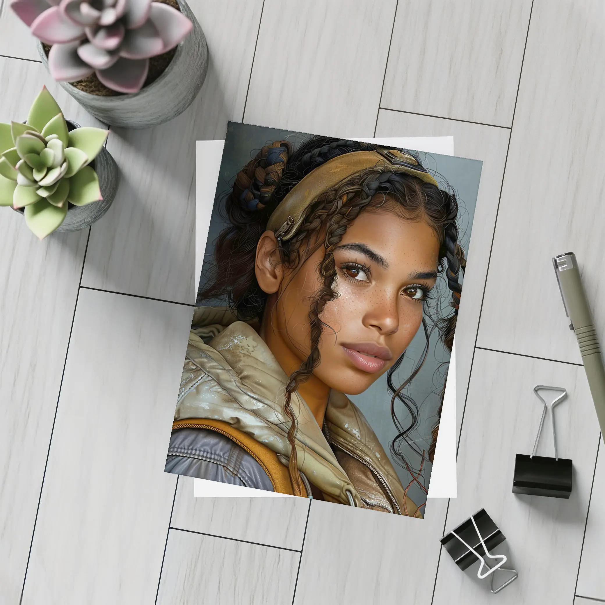 Young Woman Portrait Digital Art Gray Background – Postcards