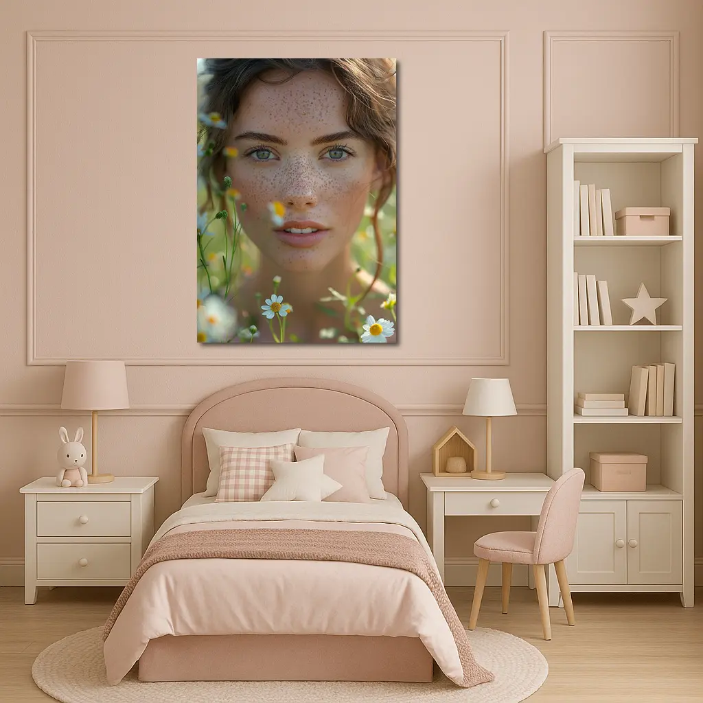 Freckled Woman Portrait Among Daisy Flowers – Wall Art