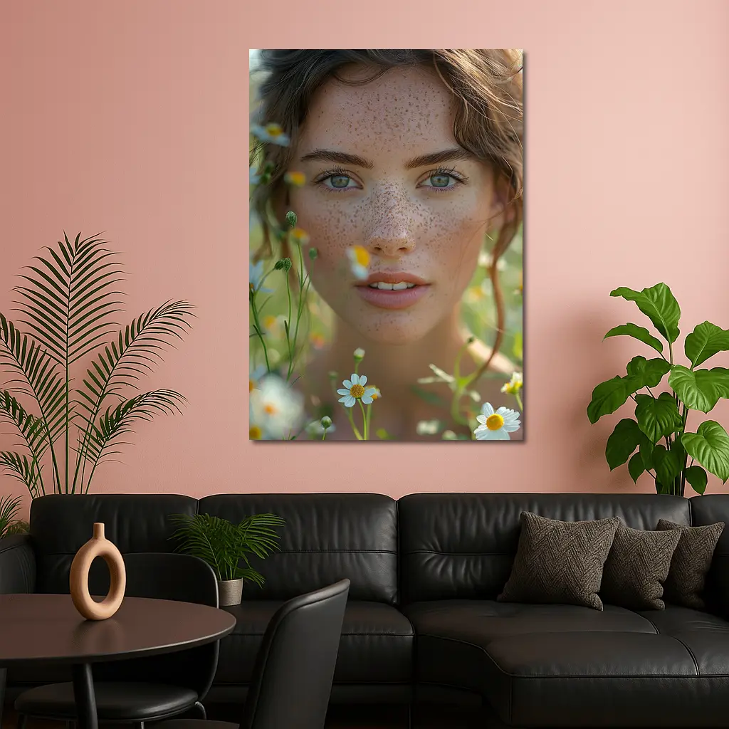 Freckled Woman Portrait Among Daisy Flowers – Wall Art