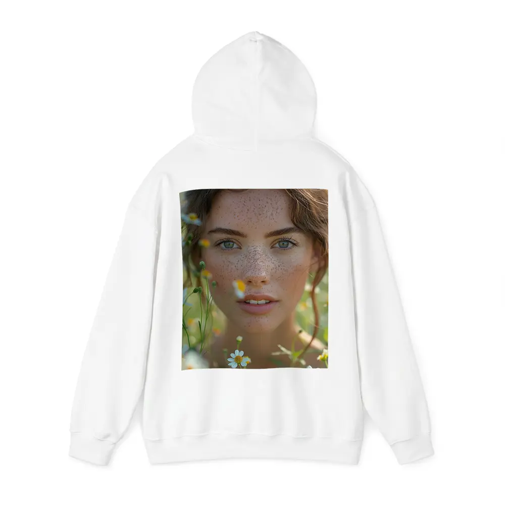 Freckled Woman Portrait Among Daisy Flowers – Hoodies