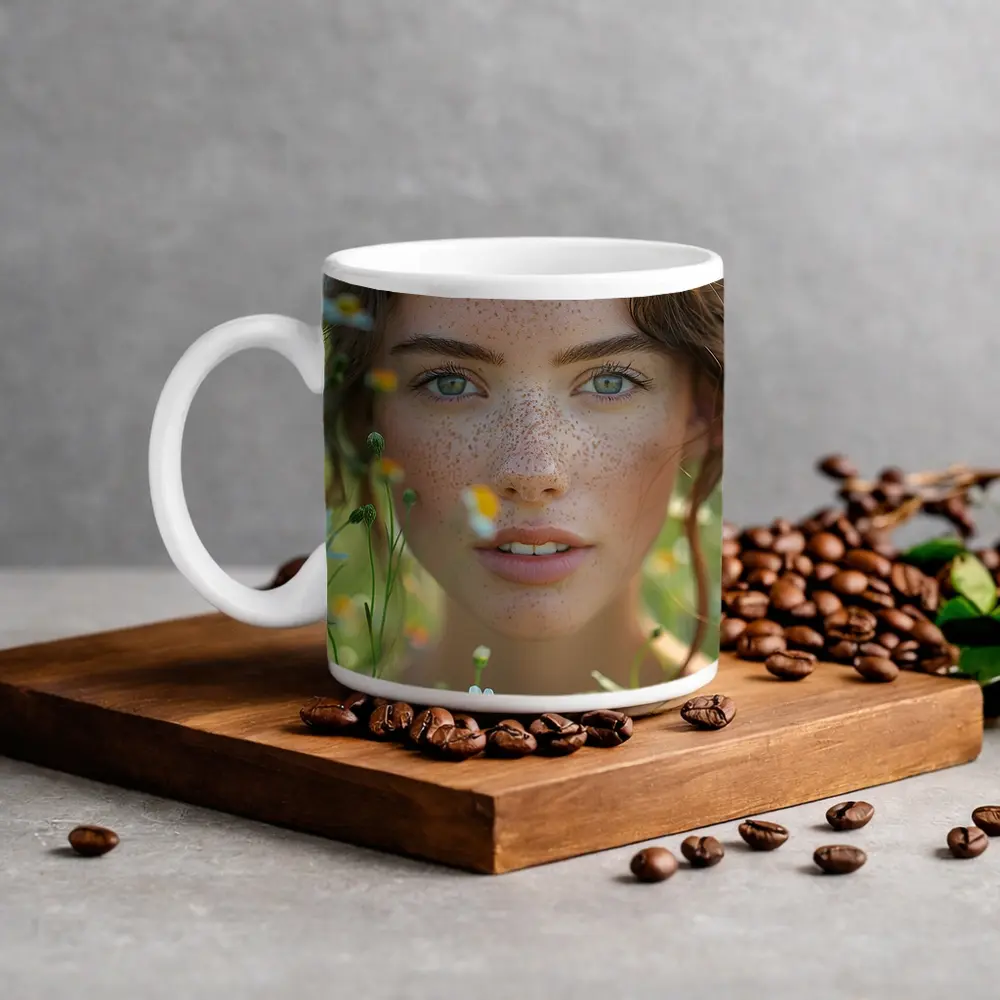Freckled Woman Portrait Among Daisy Flowers – Mugs