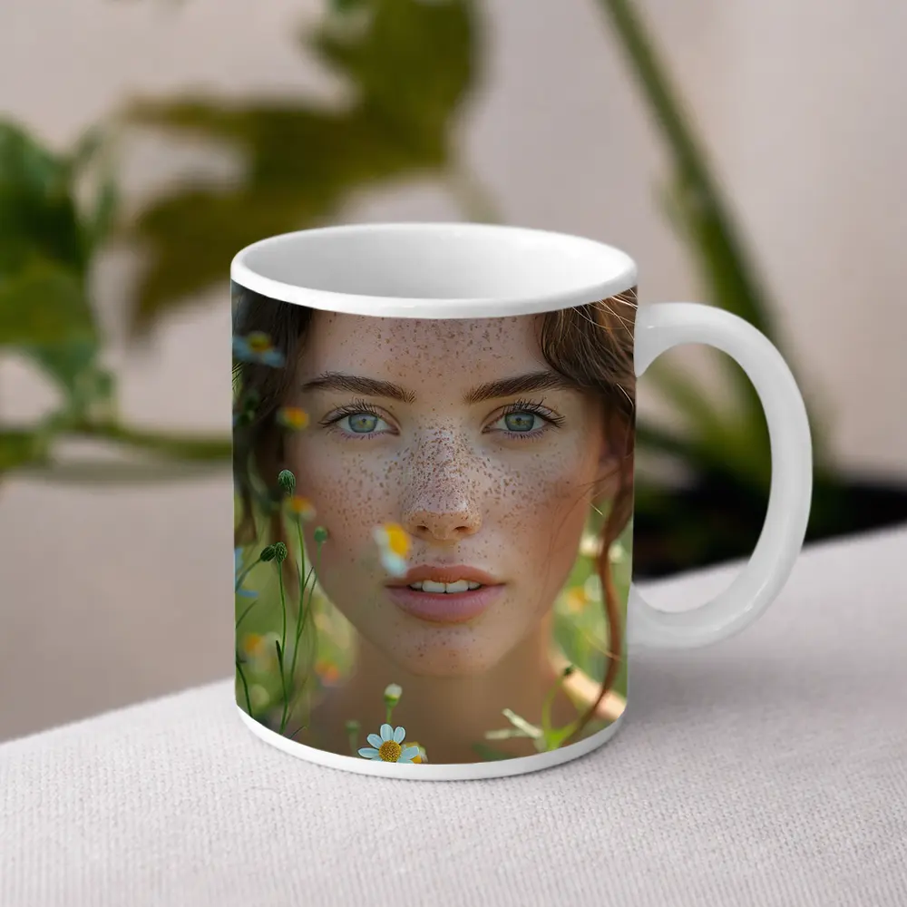 Freckled Woman Portrait Among Daisy Flowers – Mugs
