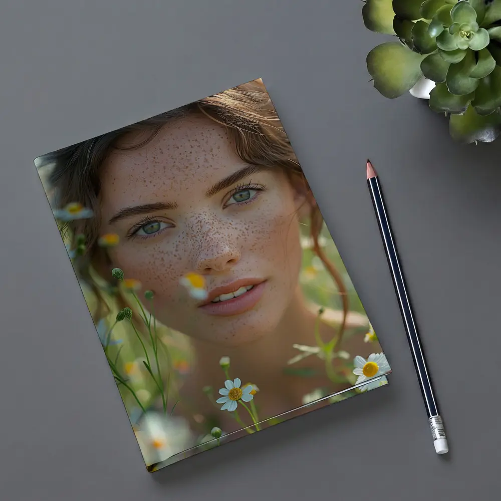 Freckled Woman Portrait Among Daisy Flowers – Notebooks