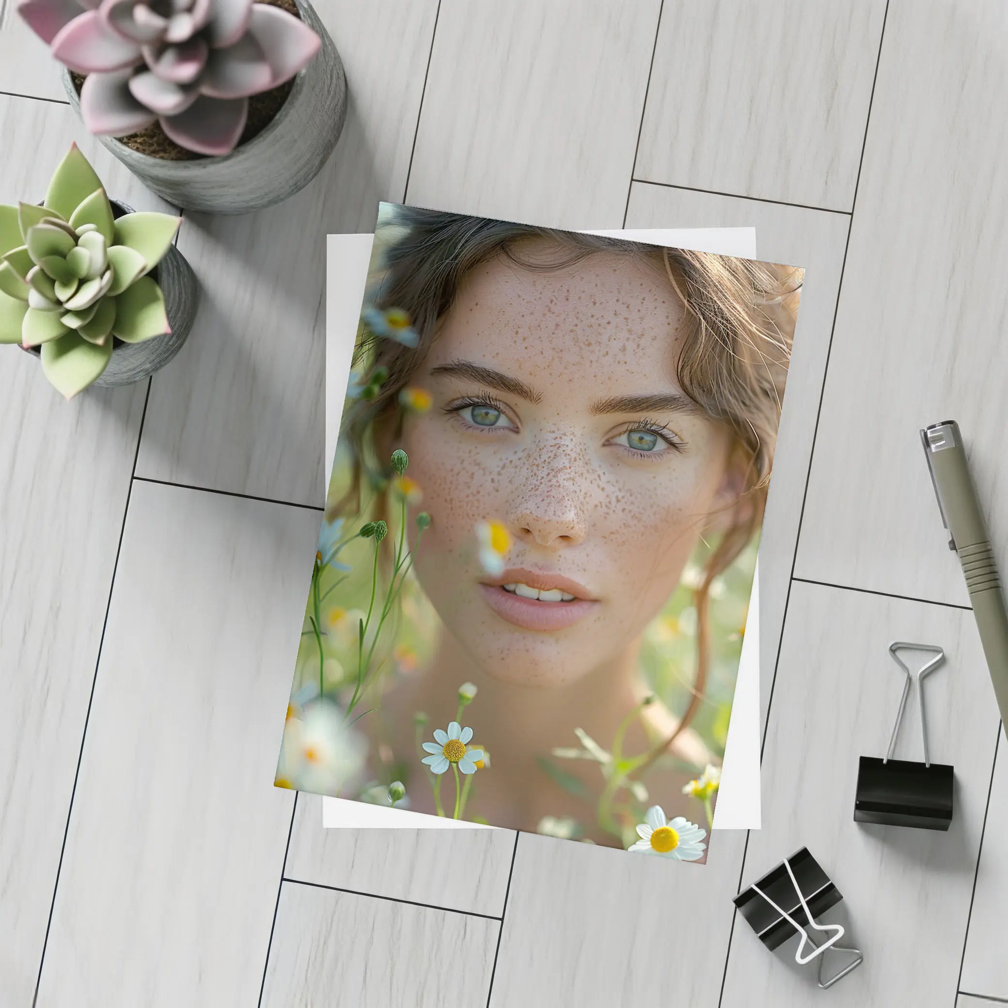 Freckled Woman Portrait Among Daisy Flowers – Postcards