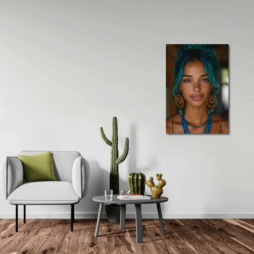 Boho Woman Teal Hair Blue Beaded Necklace – Wall Art