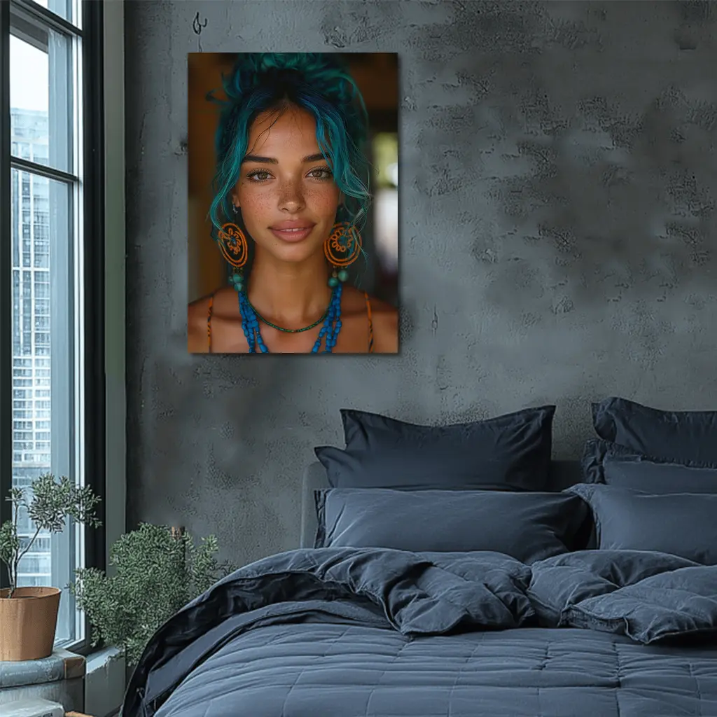 Boho Woman Teal Hair Blue Beaded Necklace – Wall Art
