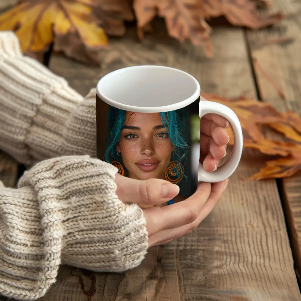 Boho Woman Teal Hair Blue Beaded Necklace – Mugs