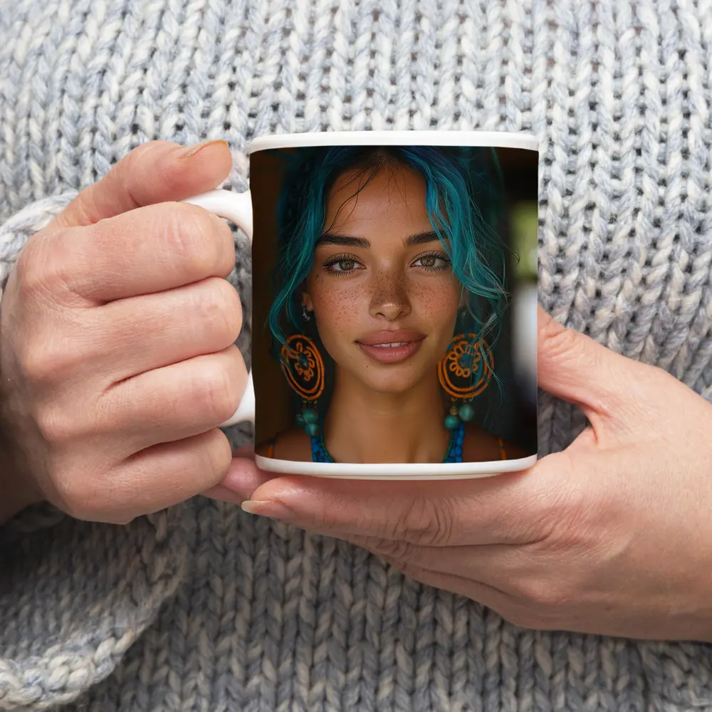 Boho Woman Teal Hair Blue Beaded Necklace – Mugs