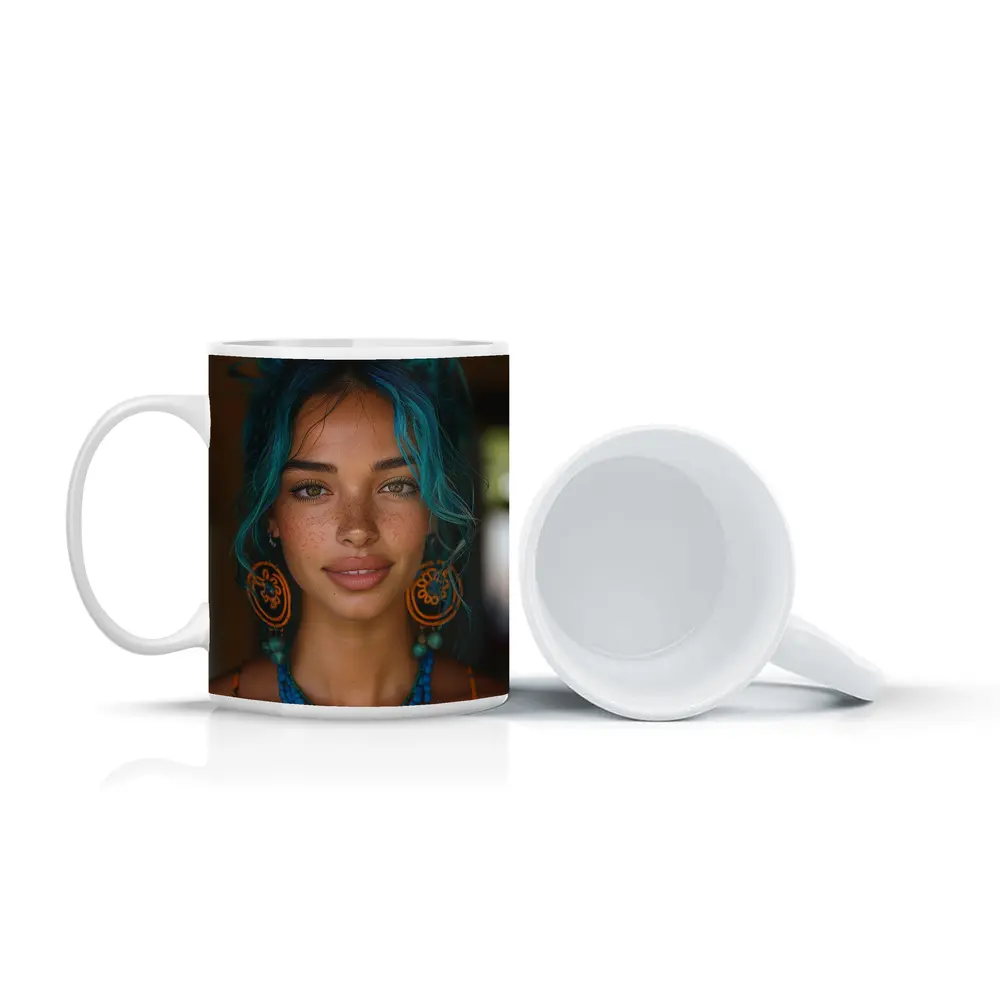 Boho Woman Teal Hair Blue Beaded Necklace – Mugs