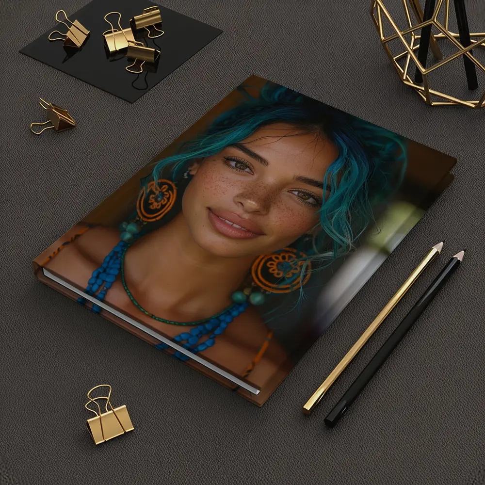 Boho Woman Teal Hair Blue Beaded Necklace – Notebooks