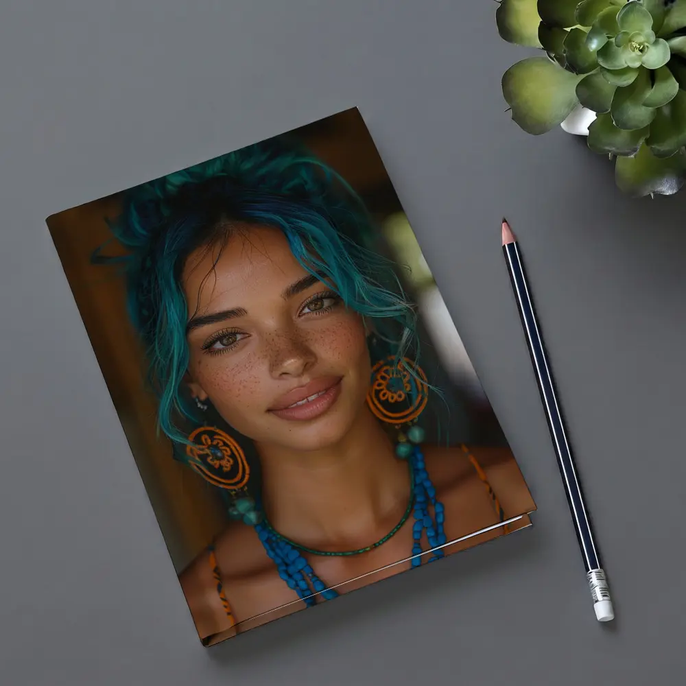 Boho Woman Teal Hair Blue Beaded Necklace – Notebooks