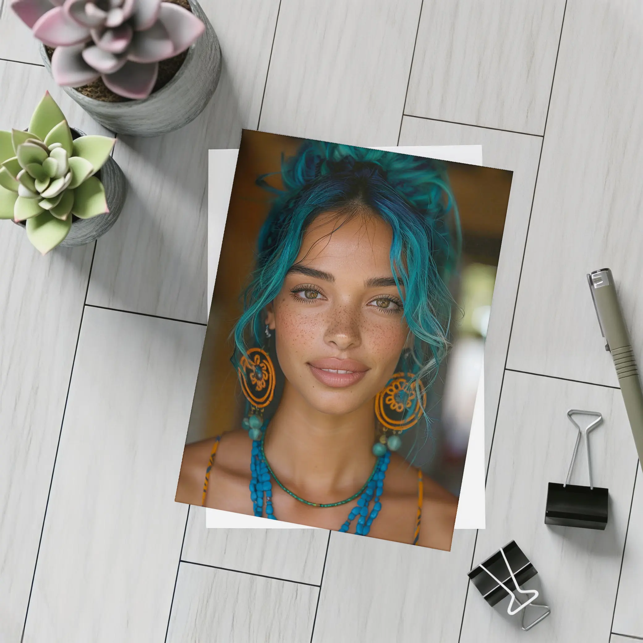 Boho Woman Teal Hair Blue Beaded Necklace – Postcards