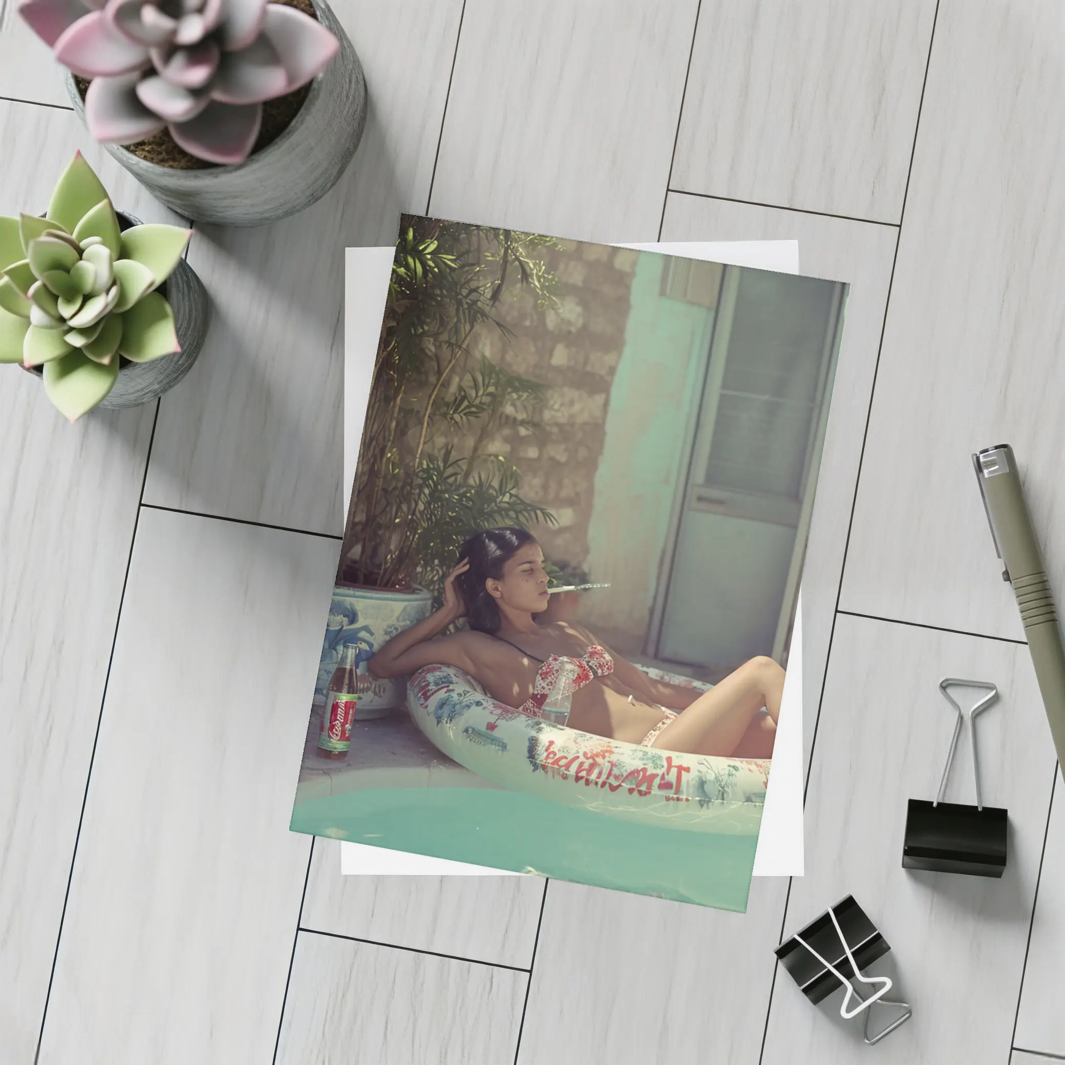 Woman Relaxing in Pool Float Summer – Postcards