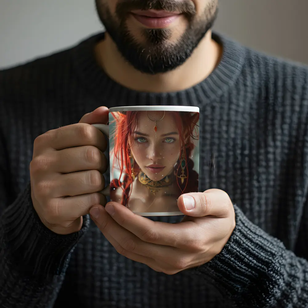 Red Haired Fantasy Elf Warrior Portrait Art – Mugs