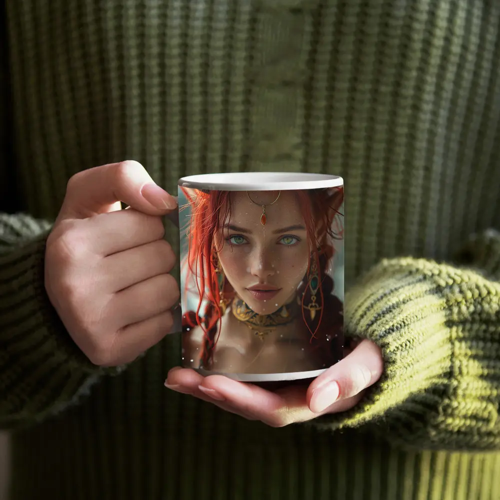 Red Haired Fantasy Elf Warrior Portrait Art – Mugs