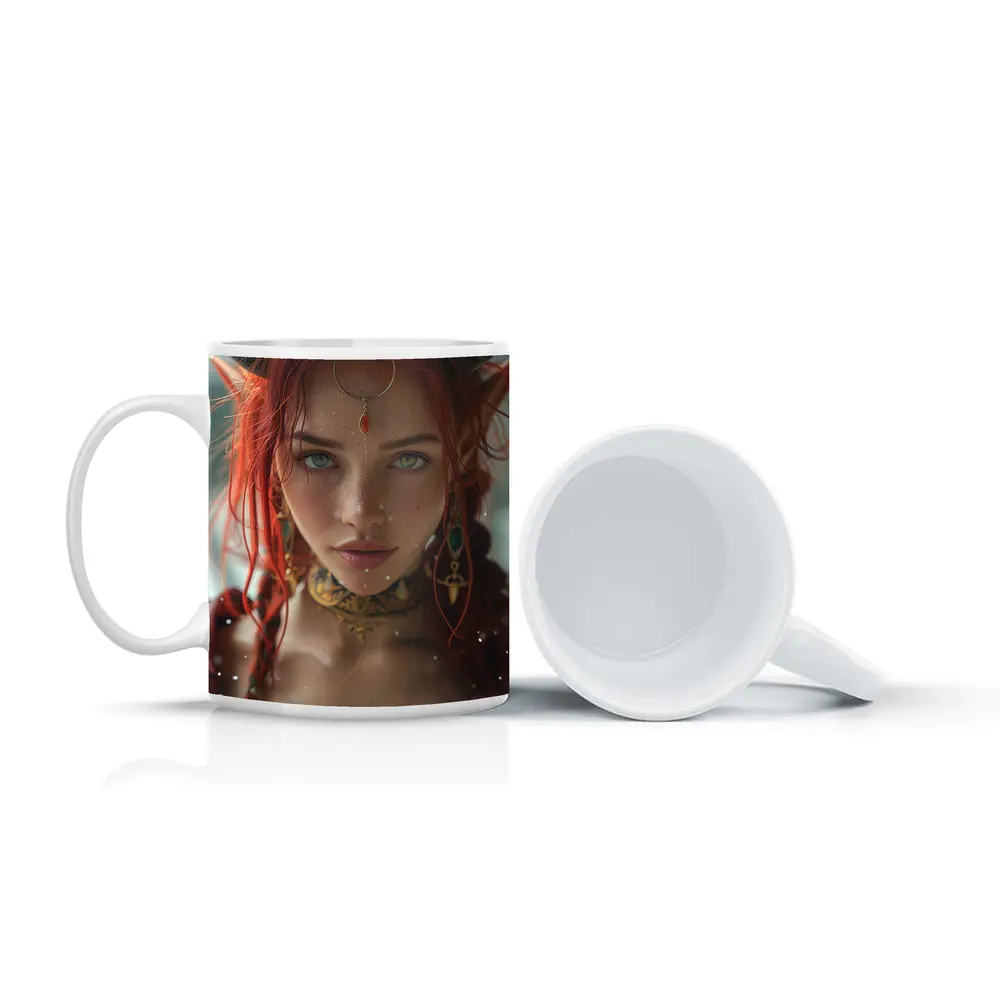 Red Haired Fantasy Elf Warrior Portrait Art – Mugs