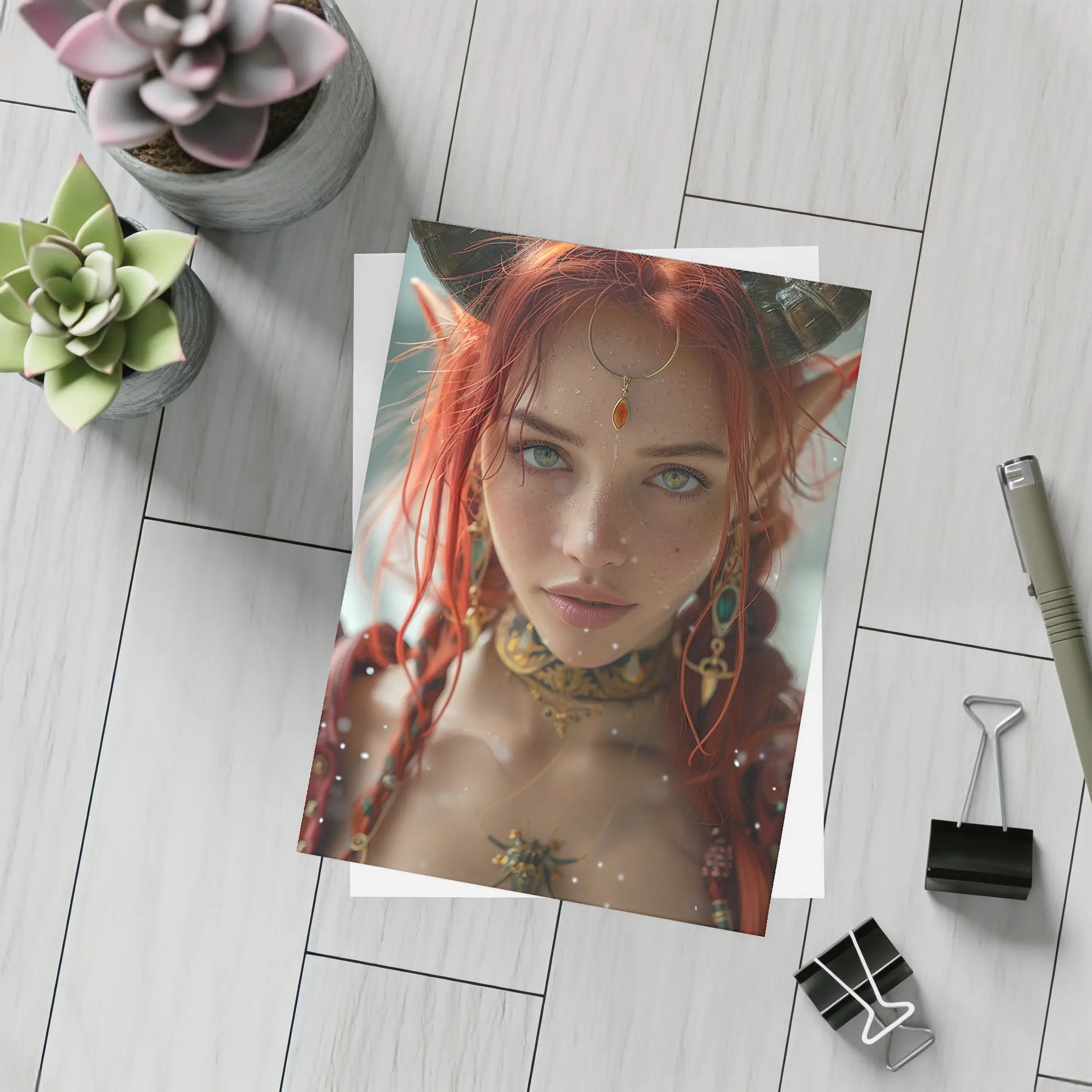 Red Haired Fantasy Elf Warrior Portrait Art – Postcards