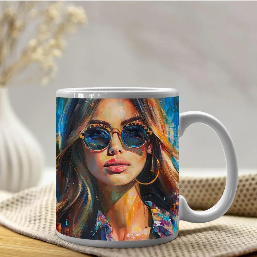 Woman With Sunglasses Colorful Oil Painting Art – Mugs