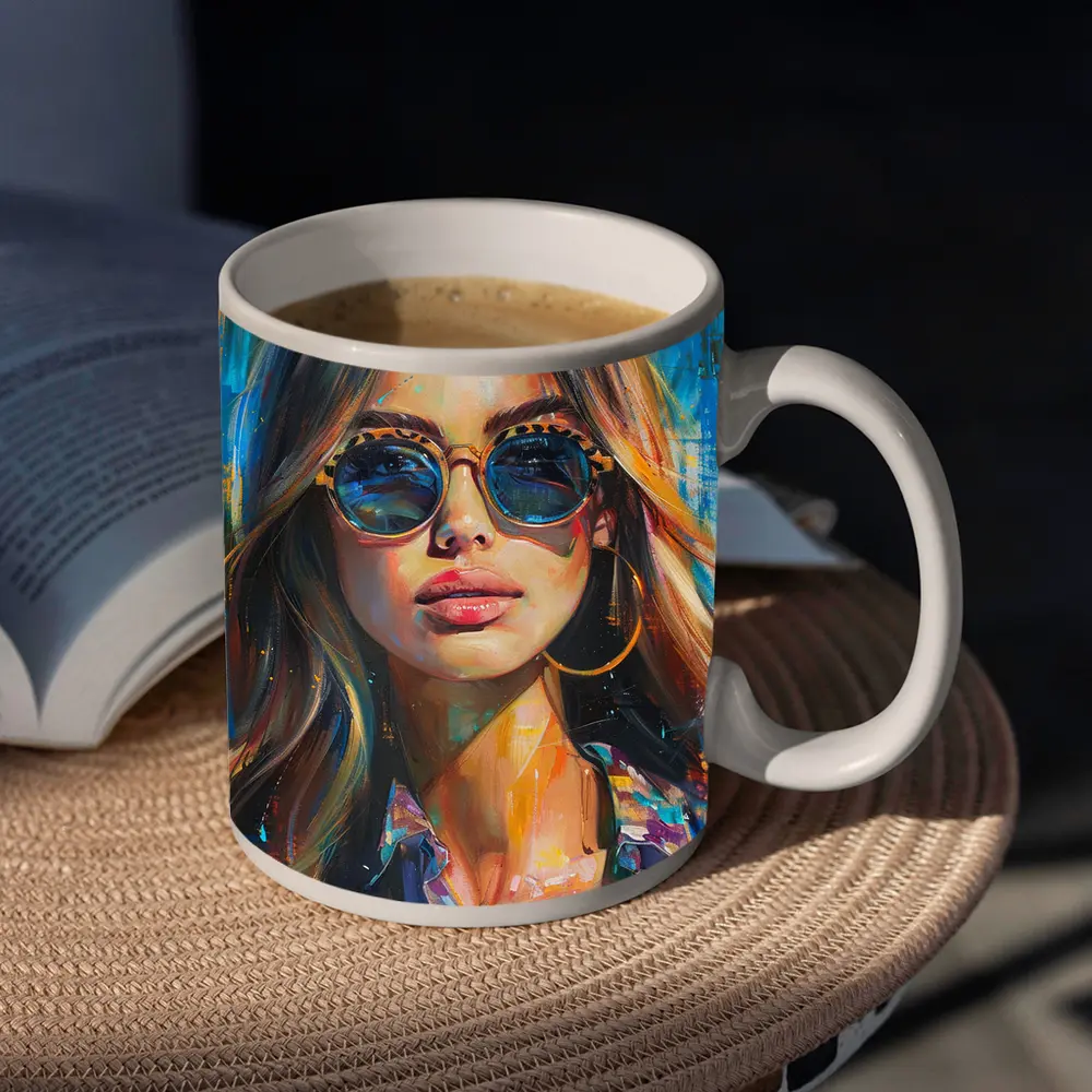 Woman With Sunglasses Colorful Oil Painting Art – Mugs