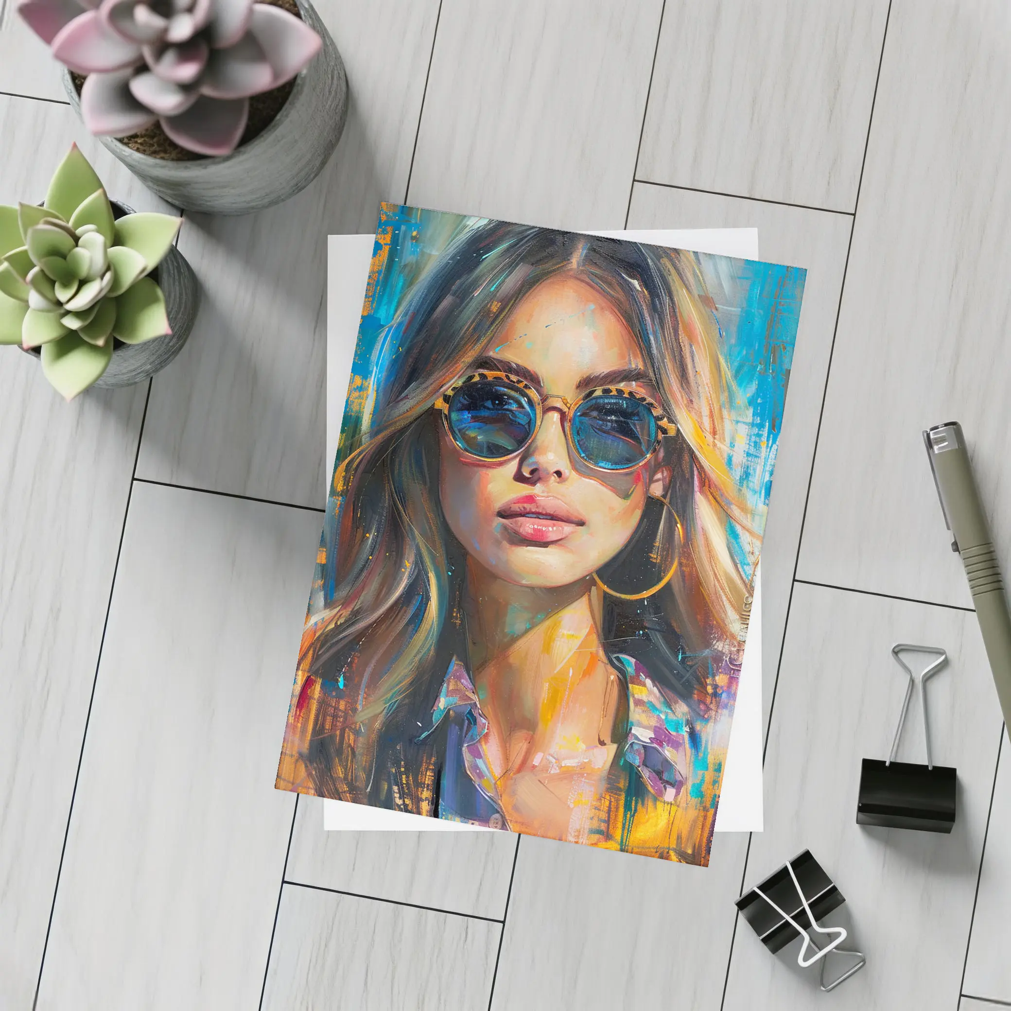 Woman With Sunglasses Colorful Oil Painting Art – Postcards