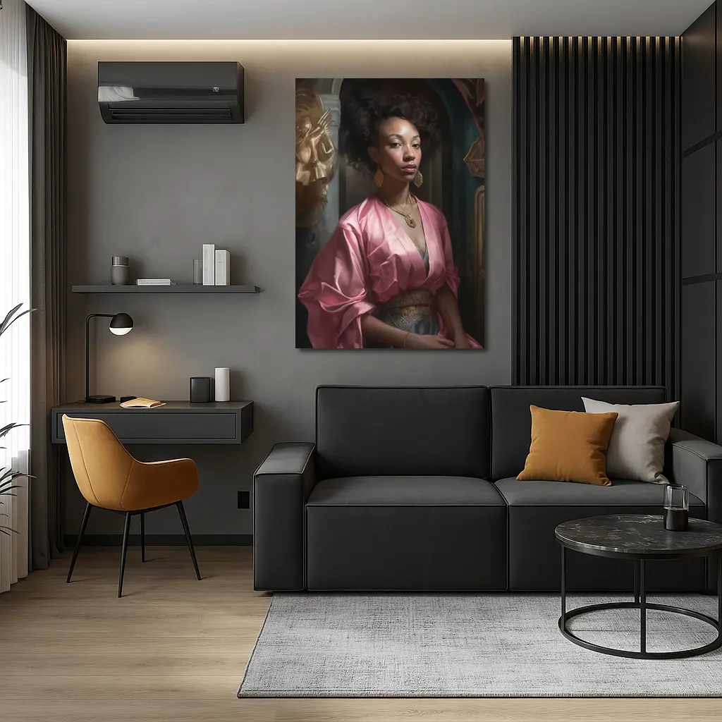 Black Woman Portrait Pink Robe Classical Art – Wall Art