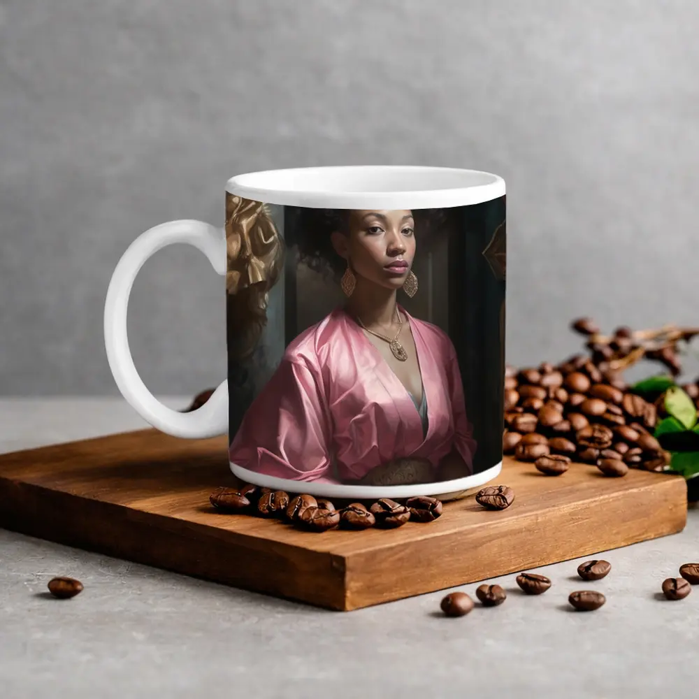 Black Woman Portrait Pink Robe Classical Art – Mugs