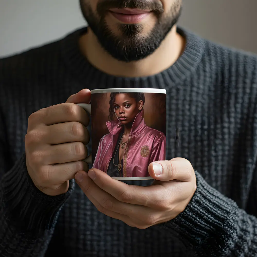Young Woman Pink Satin Jacket Portrait Art – Mugs
