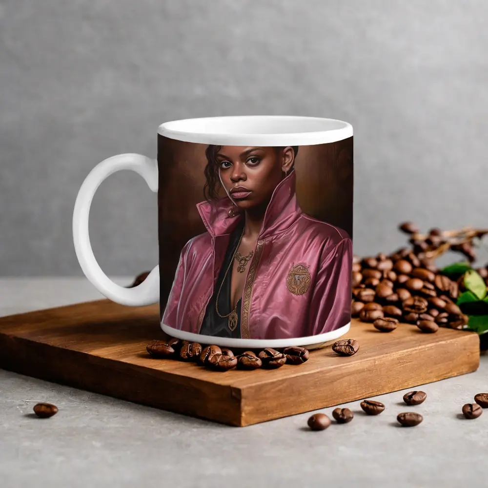 Young Woman Pink Satin Jacket Portrait Art – Mugs