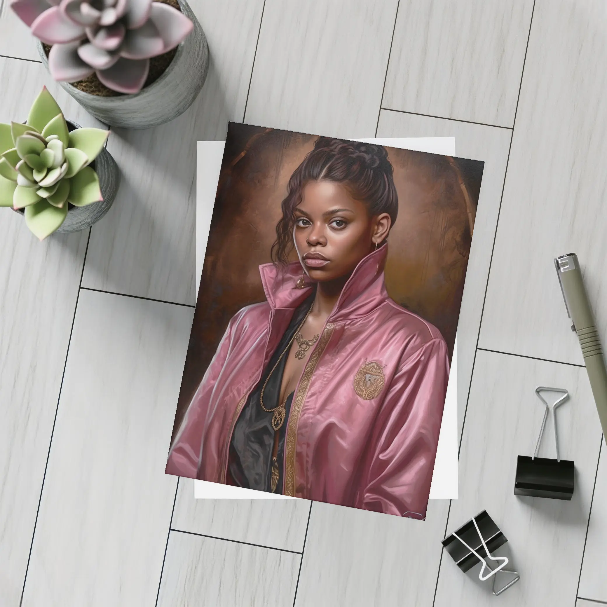 Young Woman Pink Satin Jacket Portrait Art – Postcards