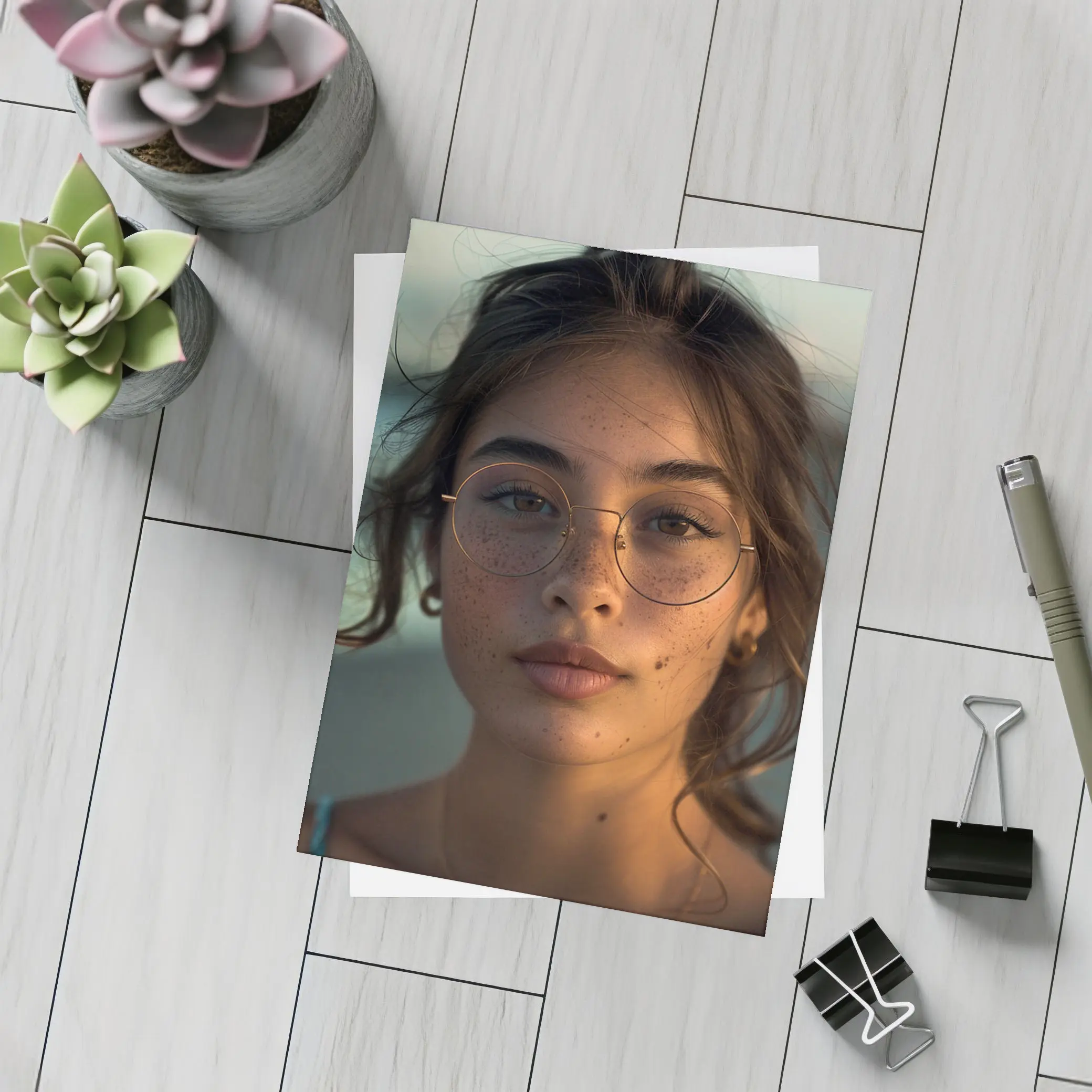 Young Woman With Glasses Sunset Portrait – Postcards