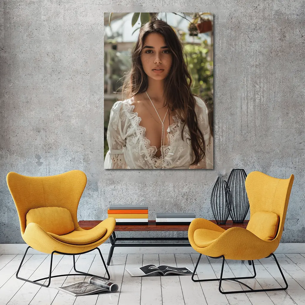 Young Woman White Lace Top Greenhouse Setting – Wall Art