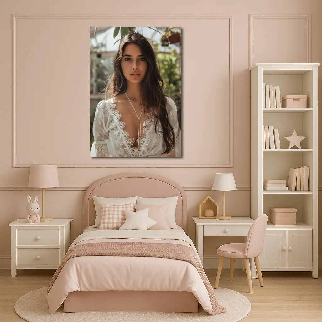 Young Woman White Lace Top Greenhouse Setting – Wall Art