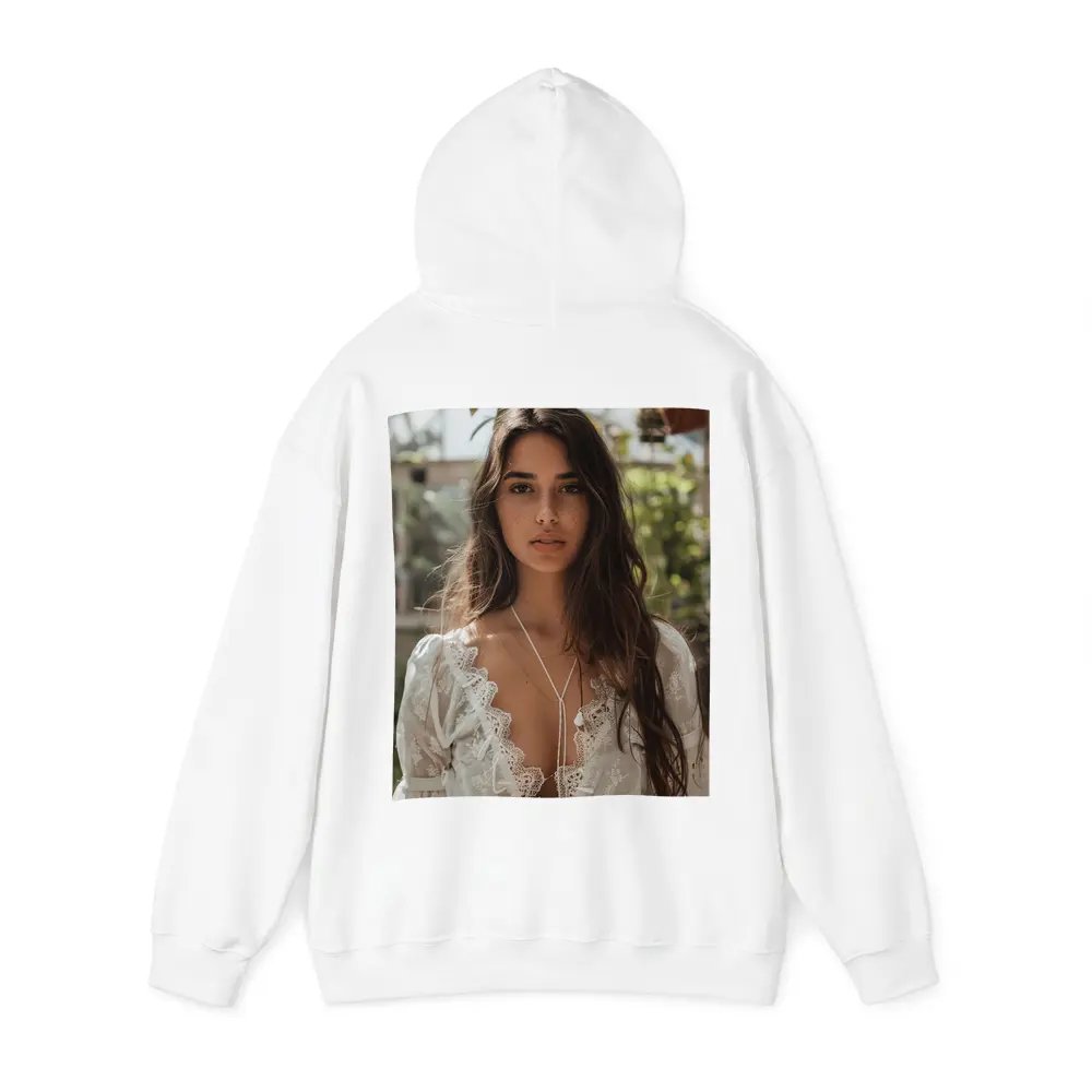 Young Woman White Lace Top Greenhouse Setting – Hoodies