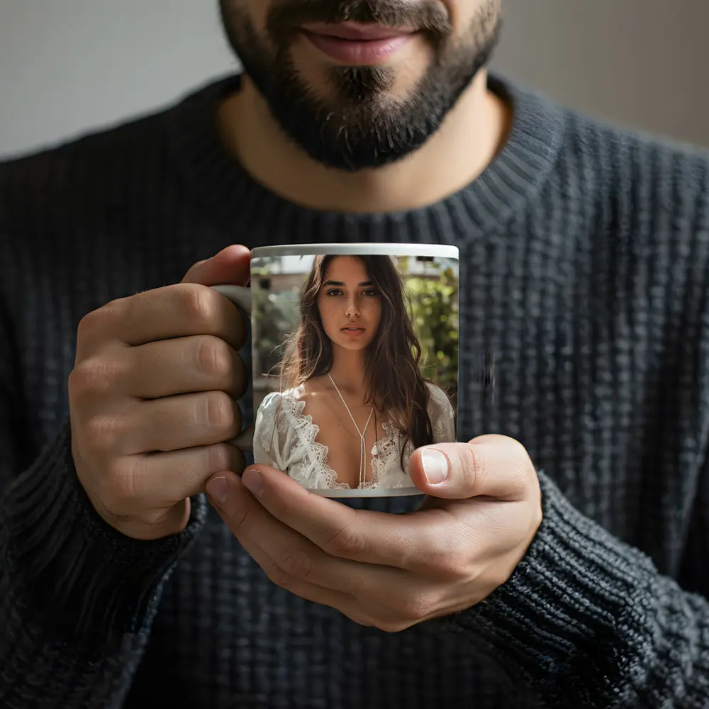 Young Woman White Lace Top Greenhouse Setting – Mugs